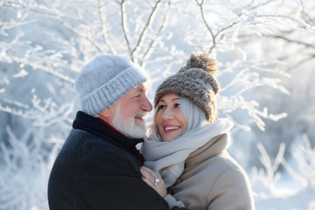 Senior heterosexual Caucasian couple in beautiful snowy winter natureの素材