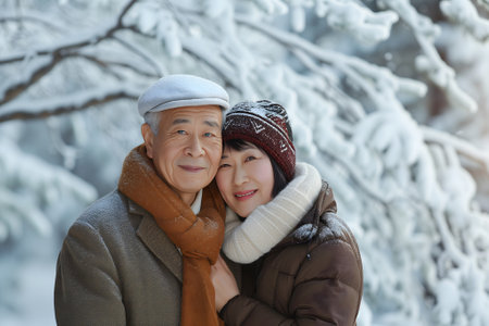 Senior heterosexual Asian couple in beautiful snowy winter natureの素材