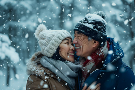Senior heterosexual Asian couple in beautiful snowy winter natureの素材