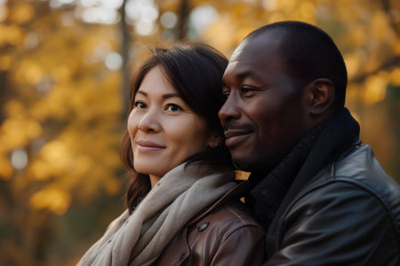adult heterosexual diverse couple in beautiful autumnal natureの素材