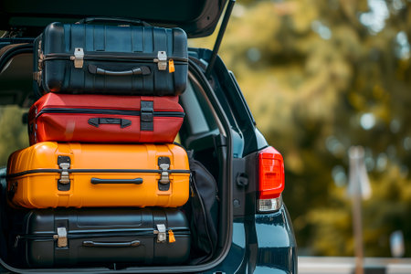 modern SUV car trunk open and full of suitcases and bags to return from summer holidaysの素材