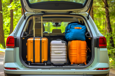 modern SUV car trunk open and full of suitcases and bags to return from summer holidaysの素材