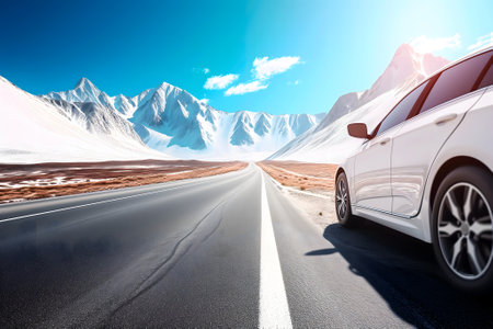 Car traveling with a mountain road at summer day.の素材
