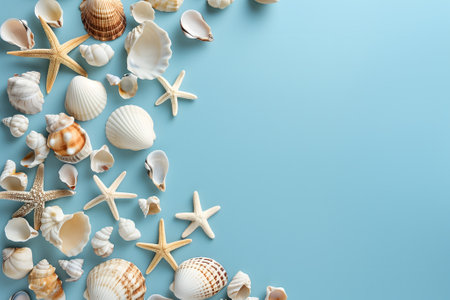 Seashells, pebbles, mockup on blue background. Blank, top view, still life, flat lay. Sea vacation travel concept tourism and resorts. Summer holidays.の素材