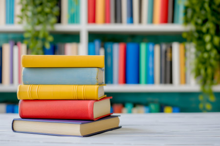 stack of books on table in front of blurred book shelfの素材