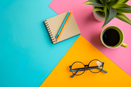 colorful flat-lay background with notebook, glasses. pens and pencils with coffee mugの素材