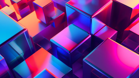 abstract background of glass cubes with colorful orange and pink lightingの素材