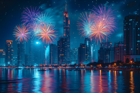 A spectacular image of fireworks illuminating the night sky over a cityの素材