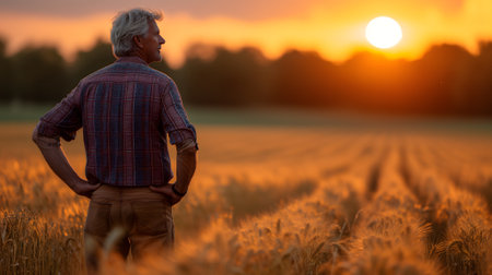 Farmer standing at the field at sunset or sunriseの素材