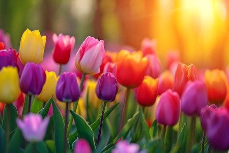 Beautiful Spring Nature background with tulip Flowers, selective focus. Vivid colors.の素材