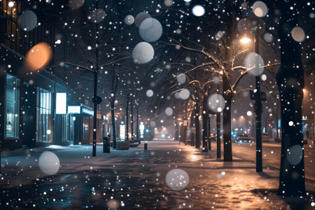 generic snowfall at the city street closeup background with selective focusの素材