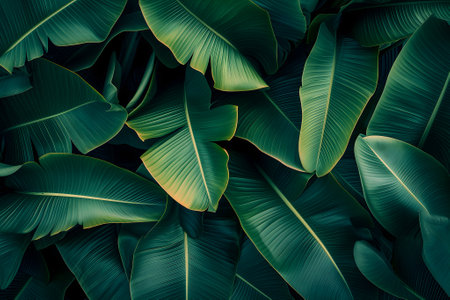 Abstract tropical banana leaves dark green full-frame backgroundの素材
