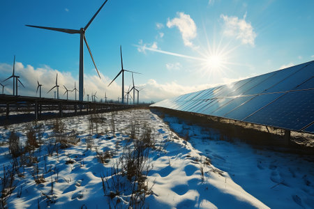 wind turbines and solar panels in the field at winter sunsetの素材