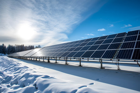 Photovoltaic solar panels in the field at sunny winter dayの素材