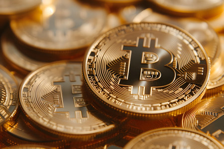 Golden bitcoin shiners closeup full-frame background.の素材