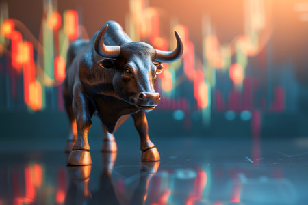 bull with stock market chart in the backgroundの素材