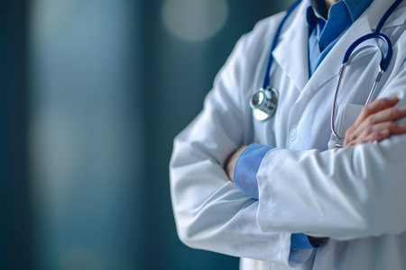 Abstract Medical Doctor, Symbolizing Compassion and Expertise asymmetrical composition with copy space.の素材
