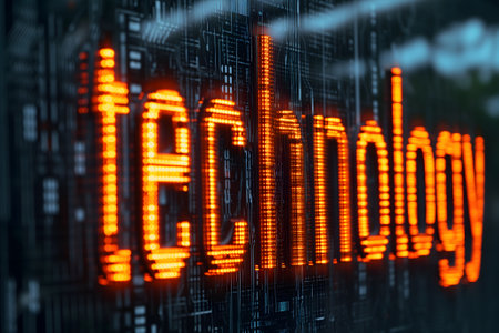 the word technology on technological background, closeupの素材