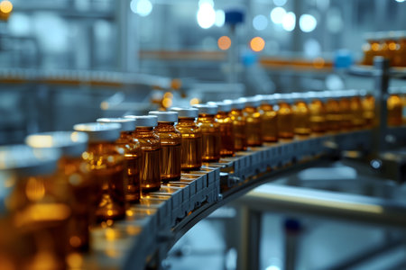 Factory line for processing and bottling product. Selective focus.の素材