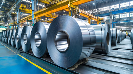 Packed rolls of steel sheet, Cold rolled steel coils in a warehouseの素材