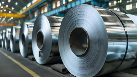 Packed rolls of steel sheet, Cold rolled steel coils in a warehouseの素材