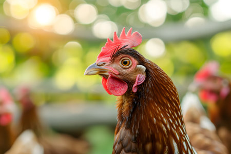 Portrait of hen on the chicken farm, closeup with bokeh.の素材