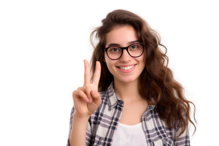 attractive young adult woman on white background showing victory gestureの素材