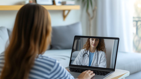 Telemedicine concept. Young lady consulting her doctor on laptop computer, using webcam from home.の素材