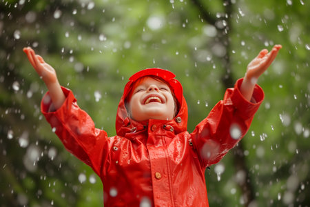 Happy child in red raincoat enjoying rain.の素材