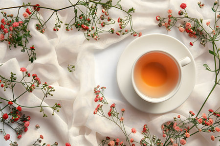 A cup of tea is on top a white table with blossoming floral branches.の素材