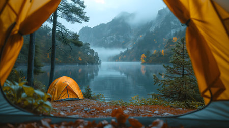 Close-up of a tent in the foreground and mountains with fog in the background with a lake or river in the foreground.の素材