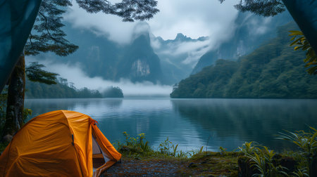 Close-up of a tent in the foreground and mountains with fog in the background with a lake or river in the foreground.の素材