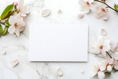 white greeting card with flowers mock up high angle view directly above decorationの素材