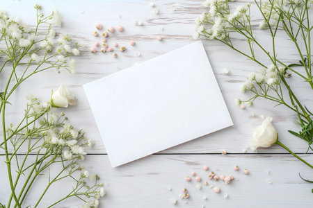 white greeting card with flowers mock up high angle view directly above decorationの素材