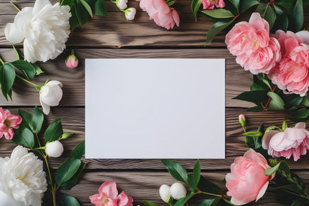 white greeting card with flowers mock up high angle view directly above decorationの素材