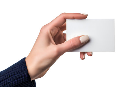 woman Hand holding blank business card on white backgroundの素材