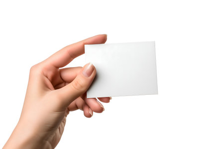 woman Hand holding blank business card on white backgroundの素材
