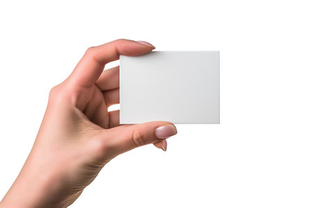 woman Hand holding blank business card on white backgroundの素材