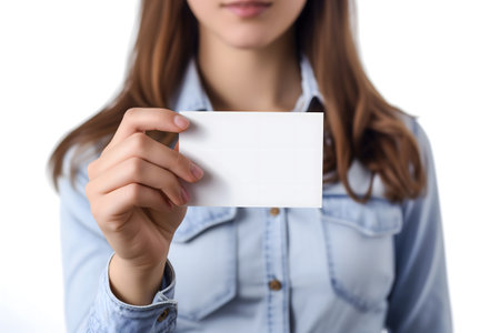 Caucasian woman Hand holding blank business card on white backgroundの素材