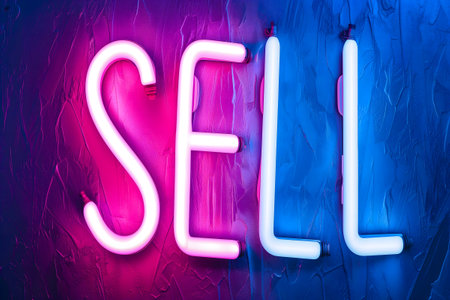 neon inscription word sell on dark shabby wallの素材
