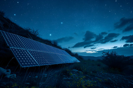 photovoltaic solar panels at starry summer nightの素材