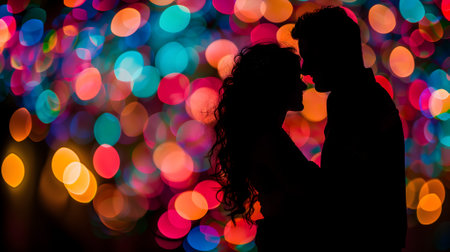 silhouette of a couple with a colorful bokeh backgroundの素材