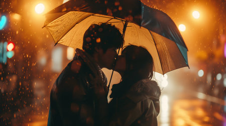 Couple kissing in the rain with back cinematic lightの素材