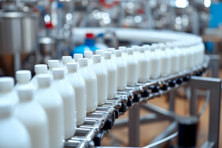Factory line for processing and bottling of milk. Selective focus.の素材
