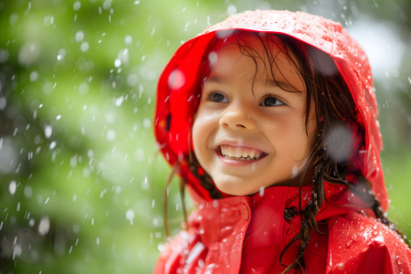 Happy child in red raincoat enjoying rain.の素材