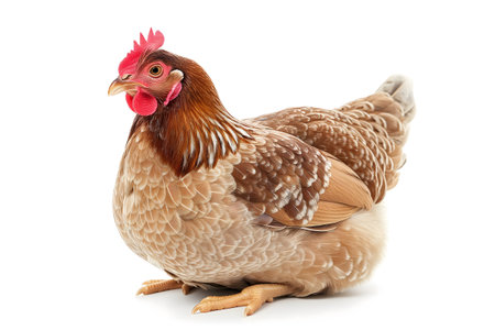Chicken hen sitting on white background.の素材