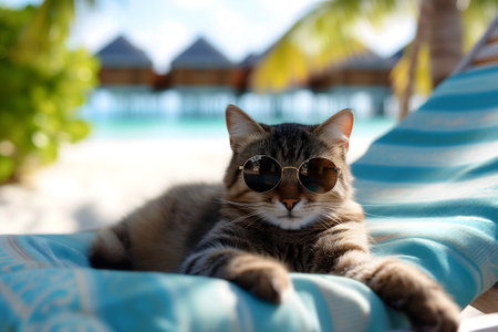 tabby cat with sunglasses laid on tropical beachの素材