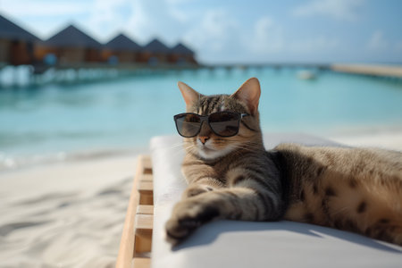 tabby cat with sunglasses laid on tropical beachの素材