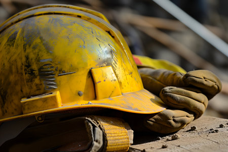 old yellow hard hat at construction site for safety conceptの素材