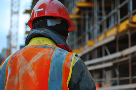 construction worker with old orange hard hat at construction site for safety conceptの素材